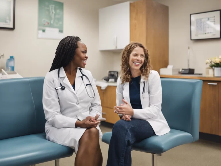 Two female physicians sitting on a couch.